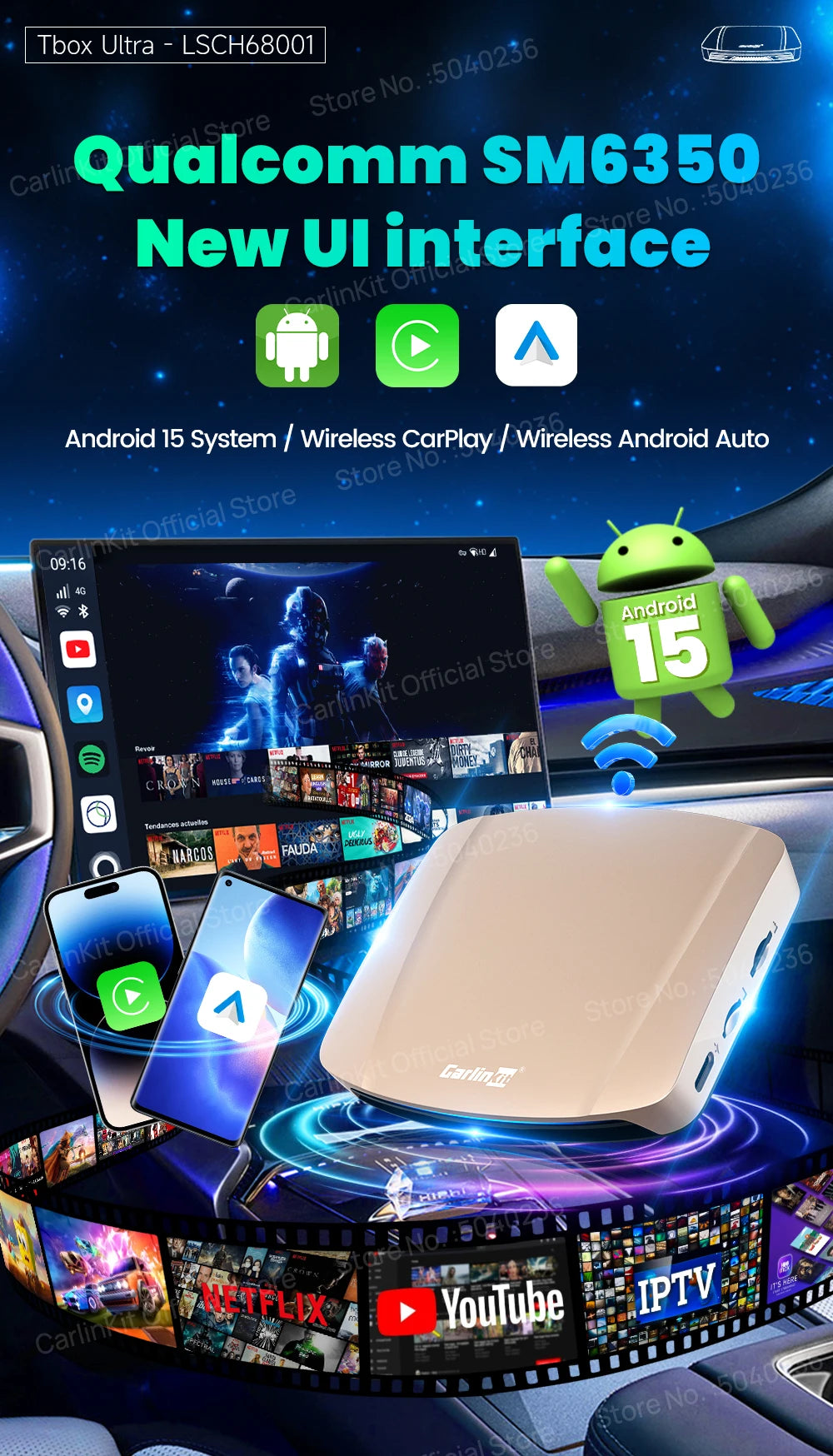 CarlinKit Tbox-Ultra Android 15 8+128GB Brezžični CarPlay AI Box