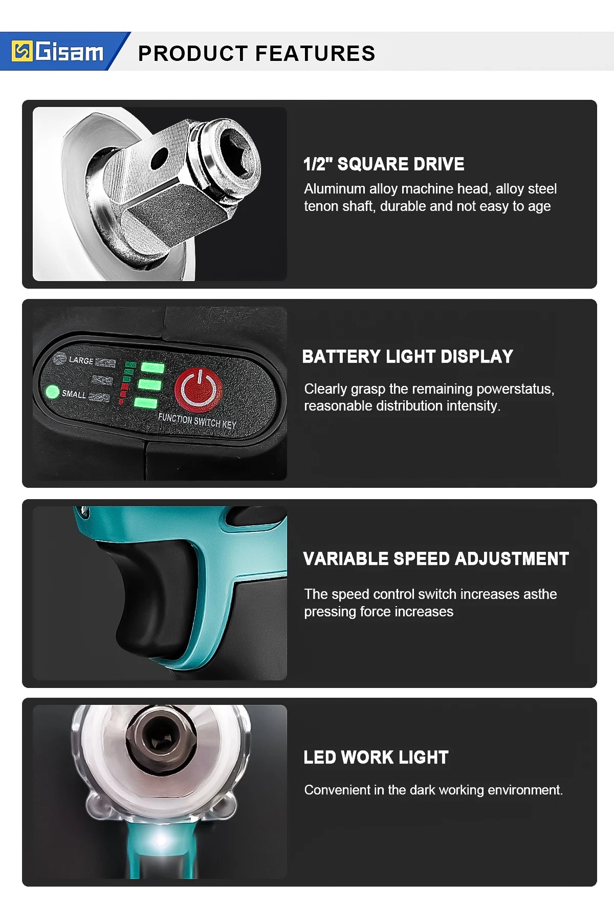 Gisam 520N.m brezkrtačni udarni vijačnik 1/2" za Makita 18V