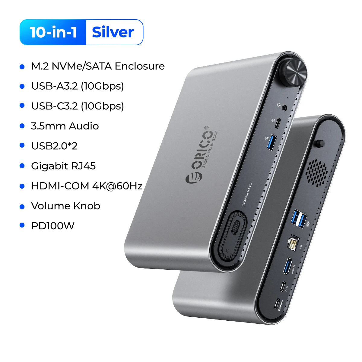 ORICO 10-v-1 USB-C priklopna postaja z ohišjem za M.2 NVMe/SATA SSD, 4K60Hz HDMI, PD100W