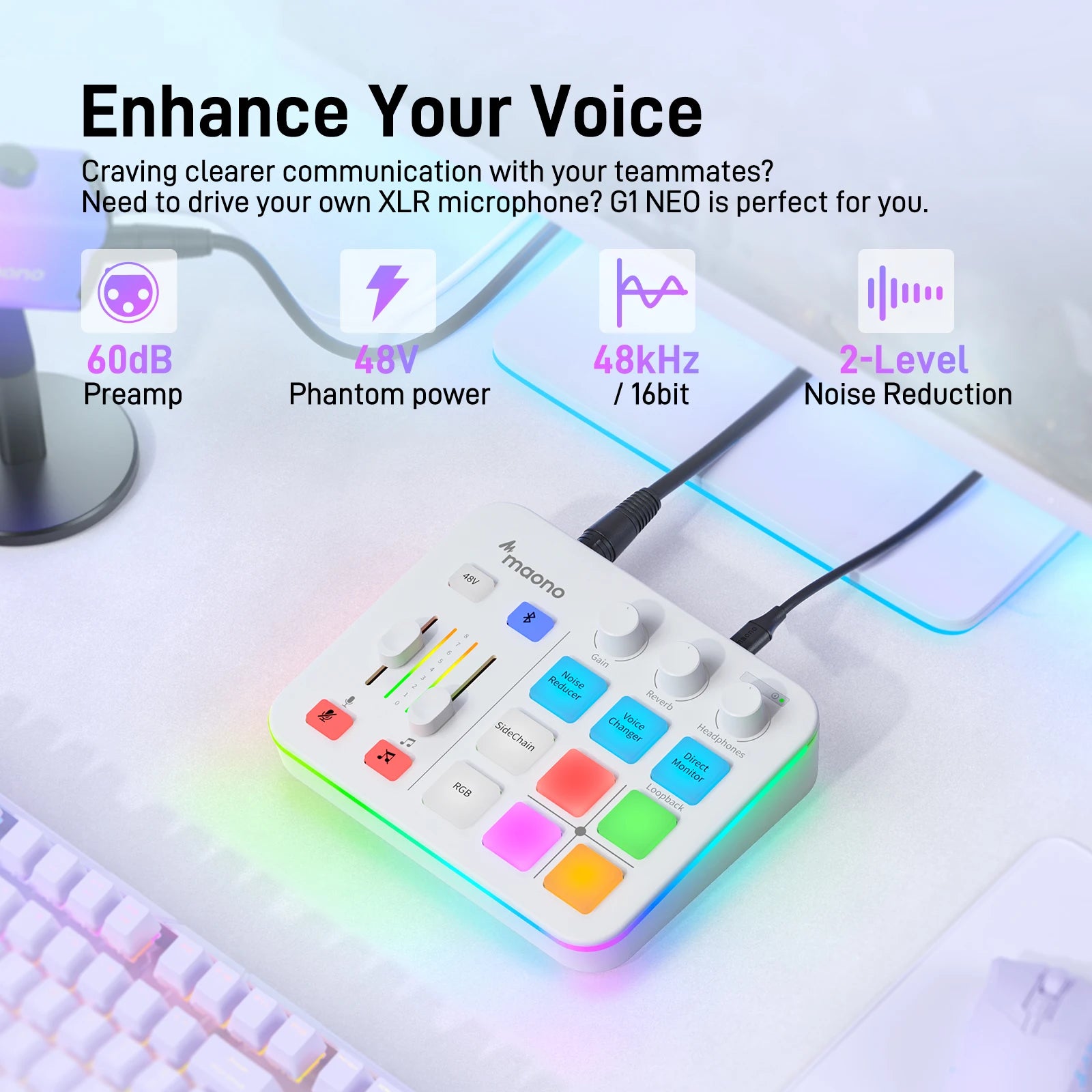 Maono G1 NEO – Gaming Audio Mixer 4‑Channel | RGB Effects, Custom Sound Pads, XLR Mic Interface, Streaming & Podcast Mixer