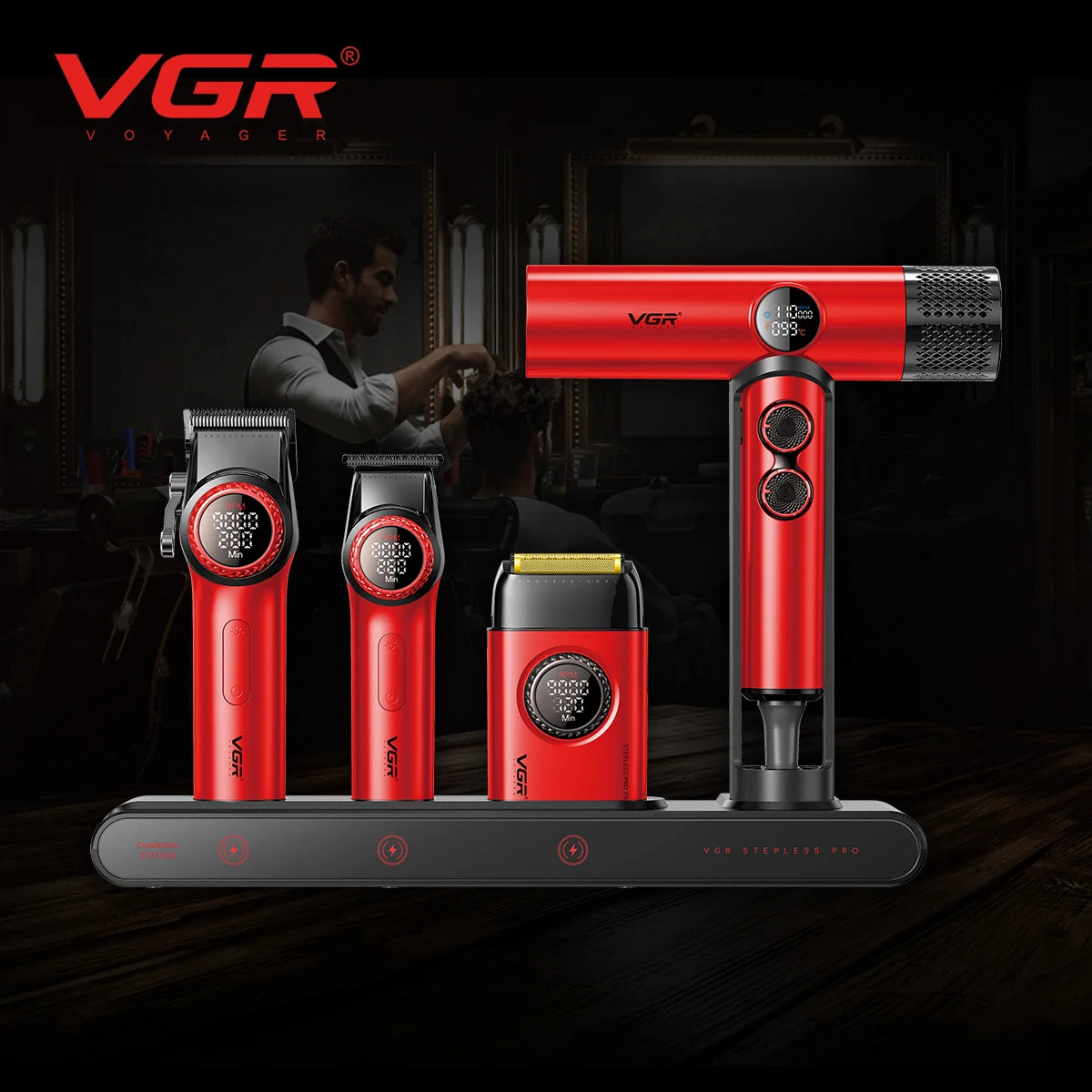 VGR Stepless Pro 4-in-1 Barber Set – 9000 RPM Clipper, Trimmer, Shaver & Dryer