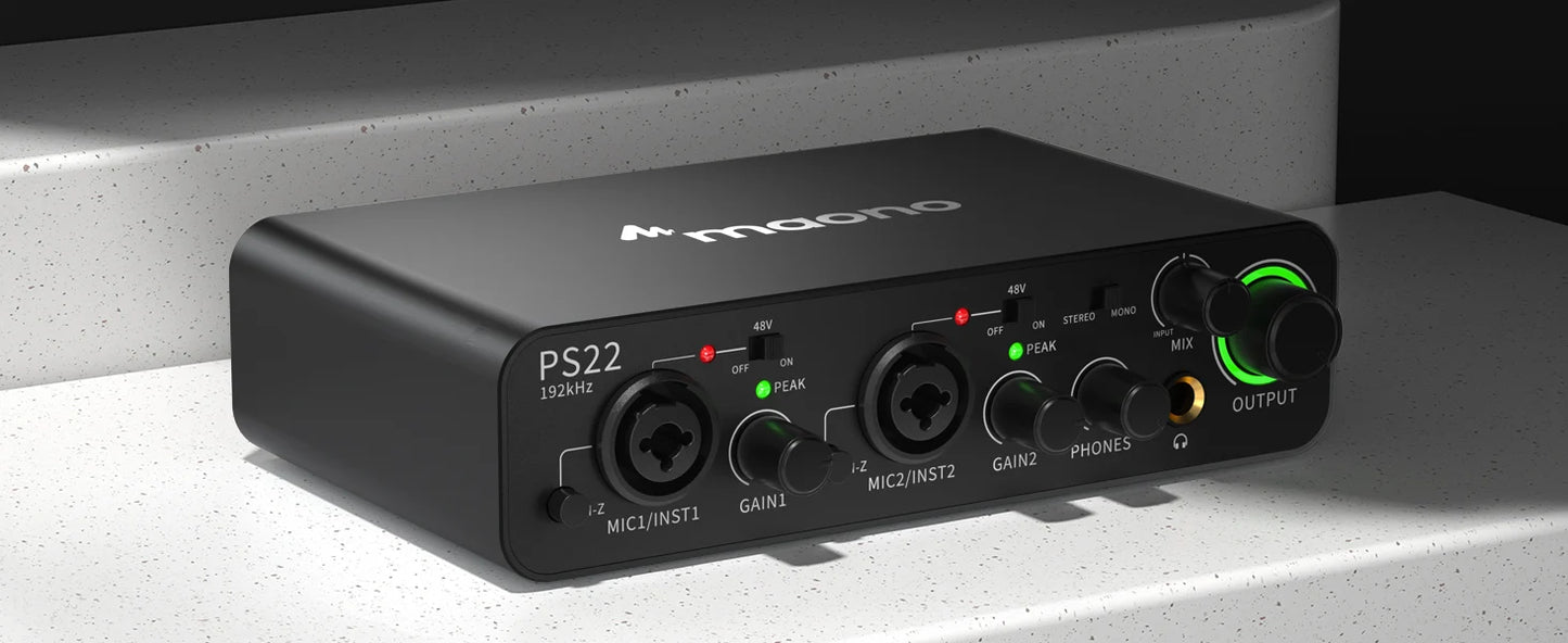 Maono PS22 – USB Audio Interface 24‑bit/192 kHz | 60 dB Pro Preamp, Dual USB, Low‑Noise Recording for Home Studio, Podcast & Streaming