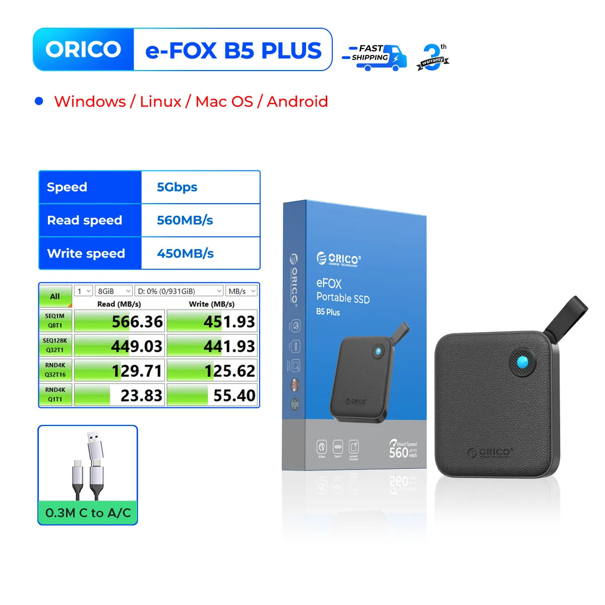 ORICO Portable External Solid State Drive External Hard Drive USB 3.2 Gen2 SSD for iPhone 15/Pro Windows Mac Lightweight