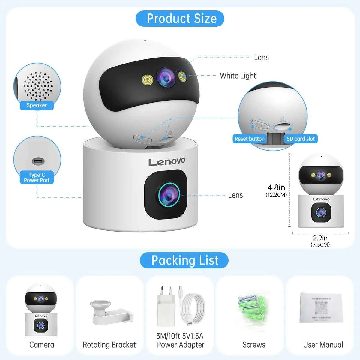 Lenovo 4K PTZ WiFi Camera Dual Lens Home Indoor CCTV Surveillance Camera Auto Tracking Security Protection Smart Baby Monitor - Limetastore