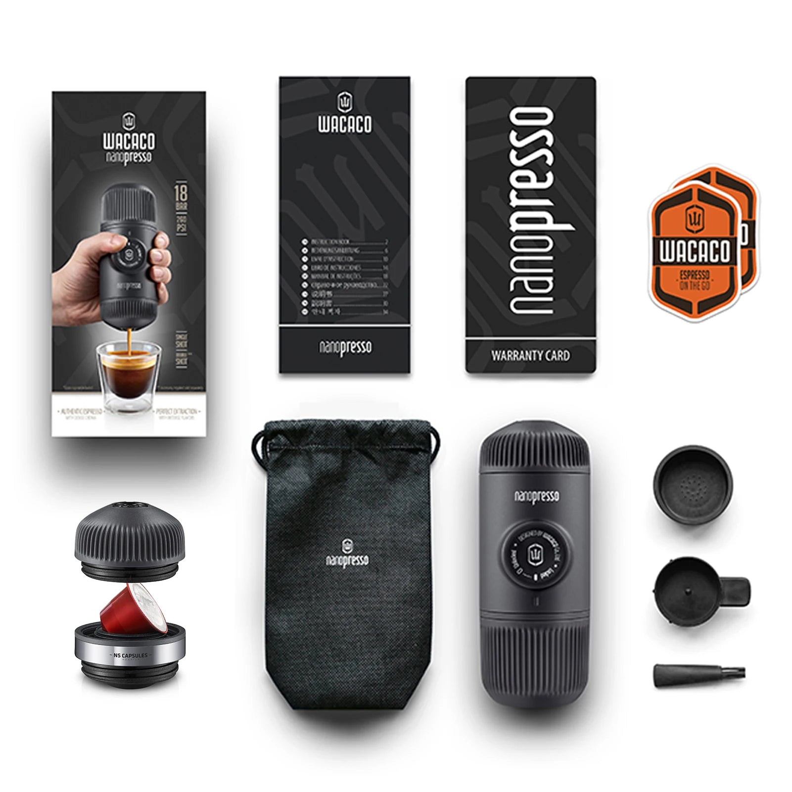 Wacaco Nanopresso Portable Espresso Machine with NS Adapter Bundle – 18 Bar High-Pressure Hand Pump Brewer