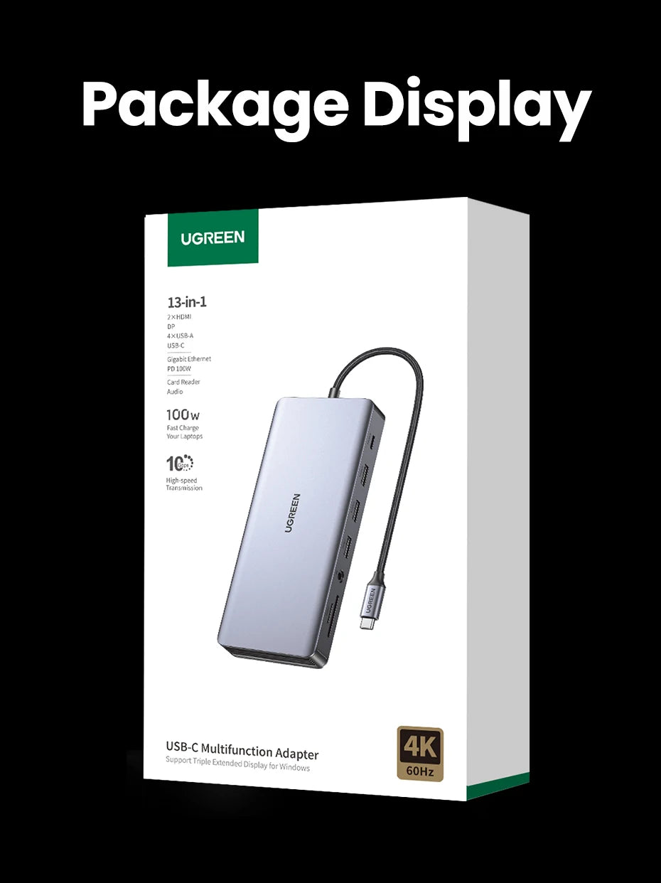 UGREEN 13‑in‑1 USB‑C Hub with Triple Display (Dual HDMI 4K60Hz + DP 4K60Hz), 10Gbps USB 3.2