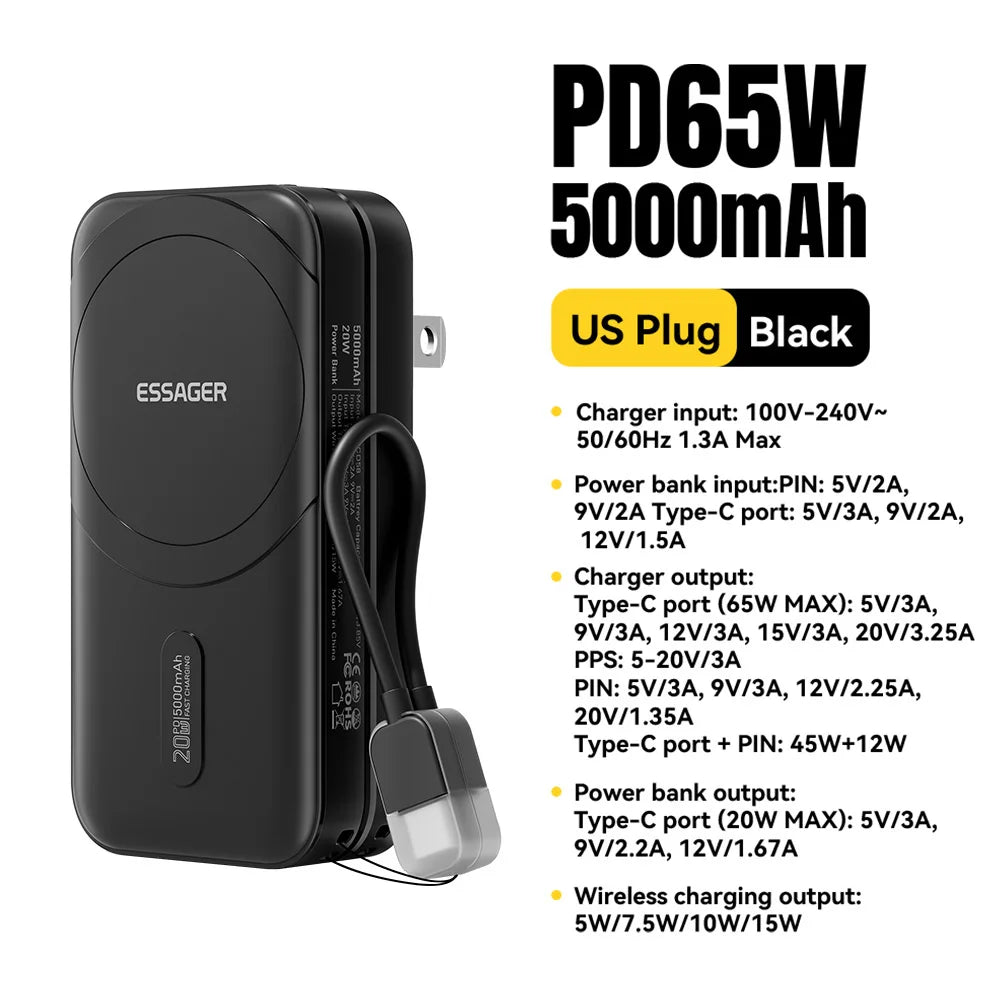 ESSAGER 3-v-1 magnetna 65W GaN polnilna baterija 5000 mAh