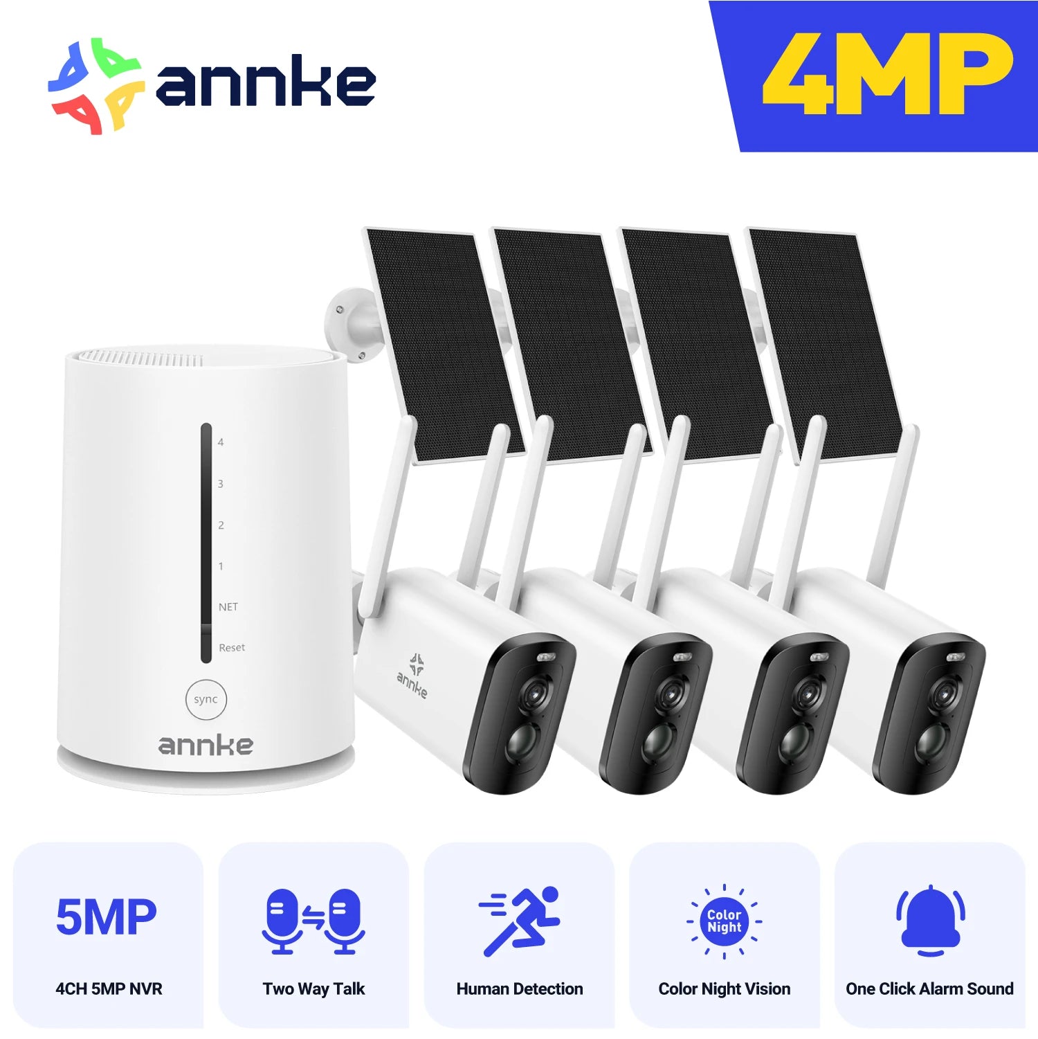 ANNKE 4MP Solar Wireless Camera System | 4CH NVR, Color Night Vision, Dual‑Band WiFi