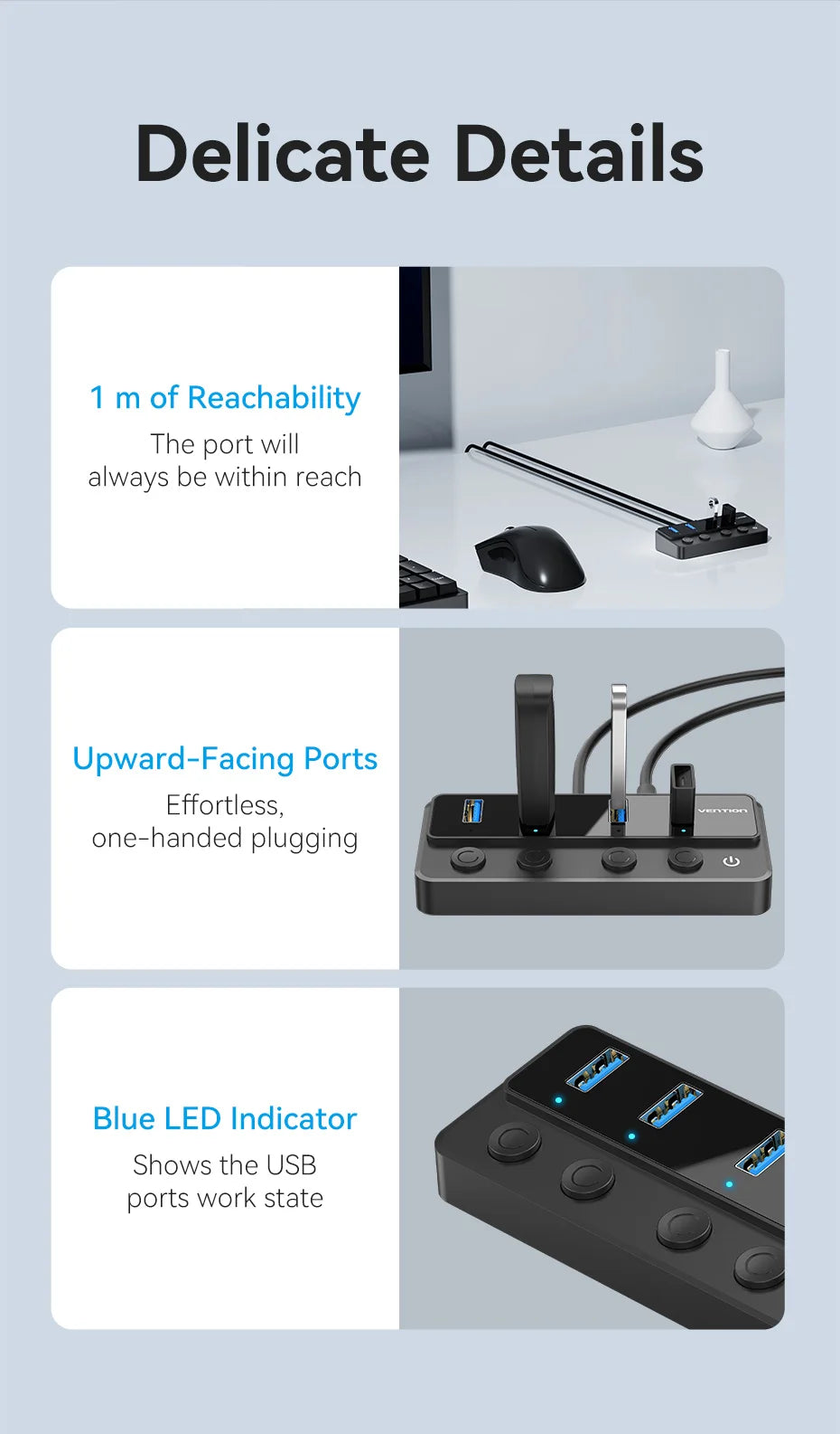 Vention USB 3.0 HUB s posameznimi stikali | 5Gbps visokohitrostni podaljšek USB-A vrat