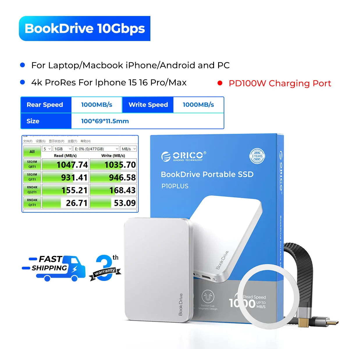 ORICO Magnetic External SSD for Macbook PRO PD100W Charging 4K ProRes HDR, 1000MB/s USB 3.2 External Drive for Tablets Laptops