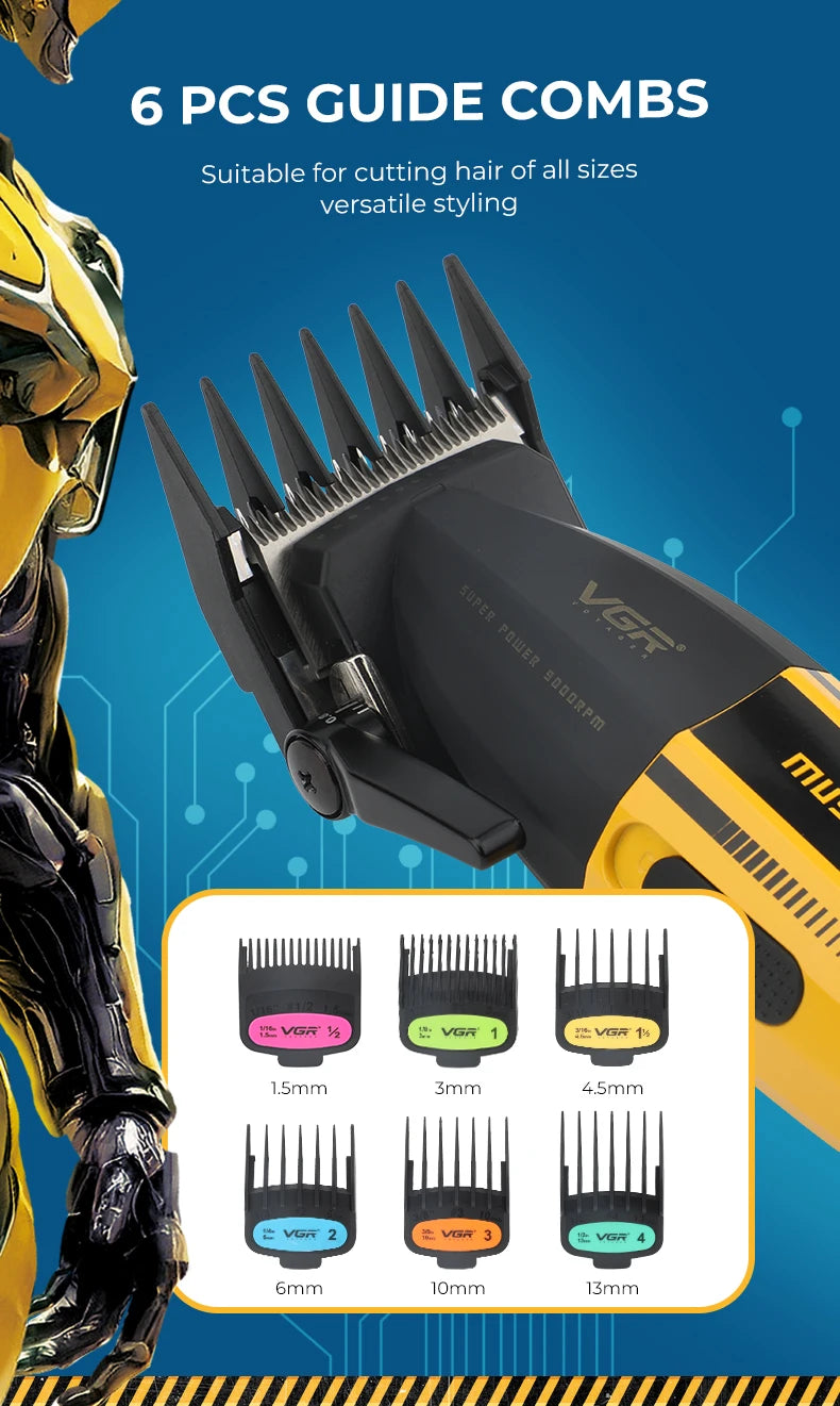 VGR V-285 Professional Hair Clipper – 9,000 RPM, 150-Min Runtime, 6 Combs
