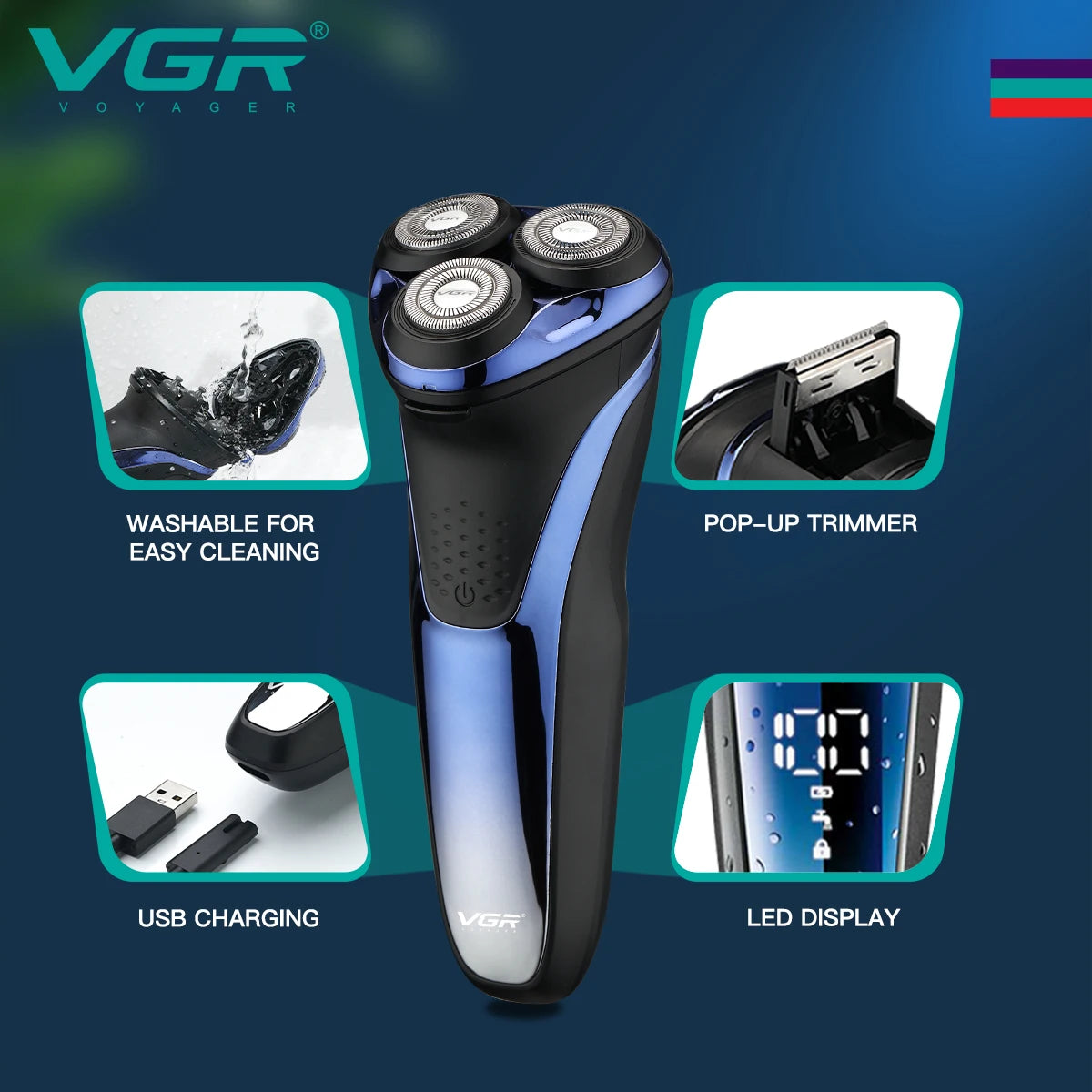 VGR V-306 Rotacijski brivnik, 3D plavajoči, vodoodporen IPX7, polnilni