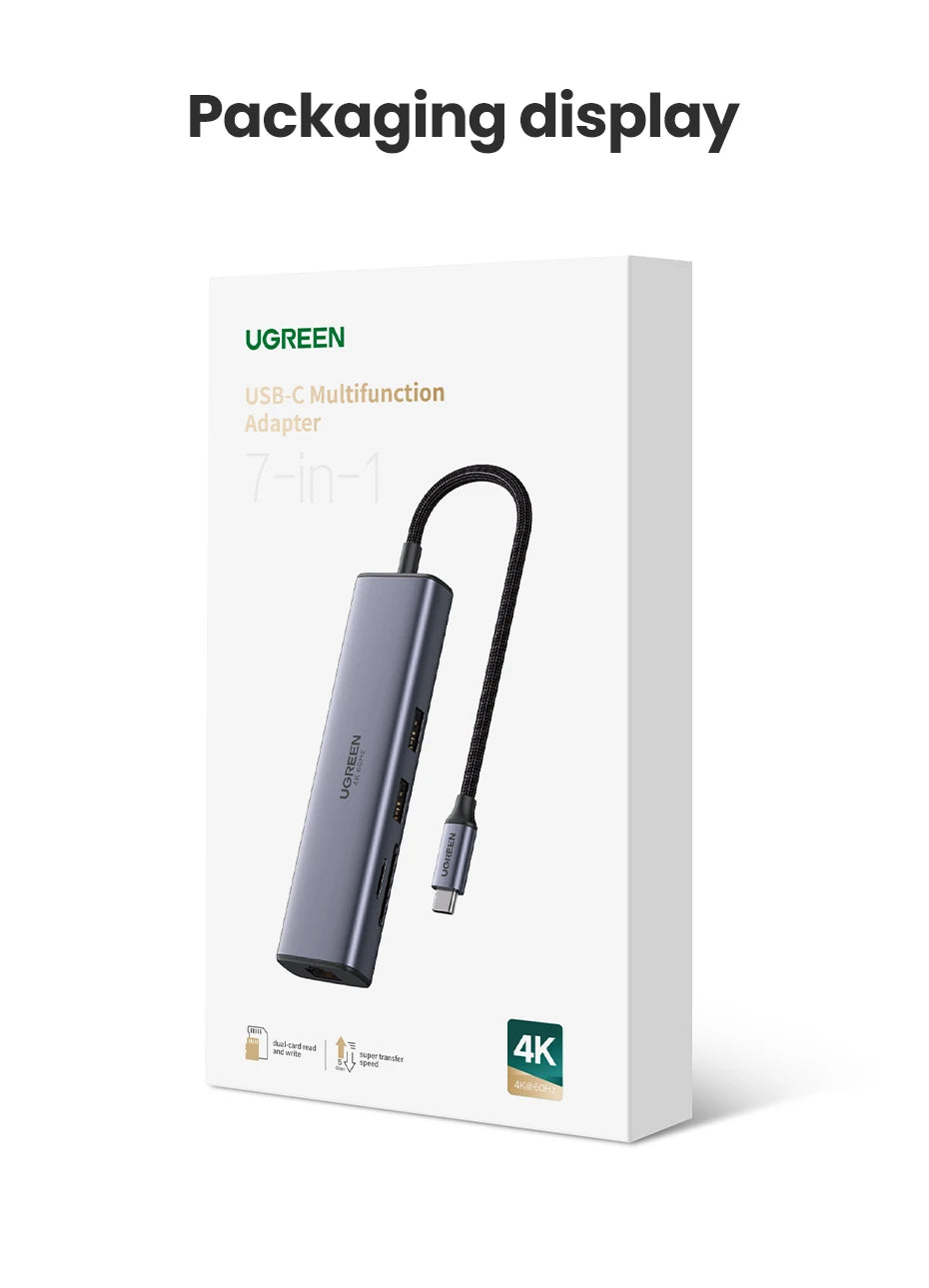 UGREEN 7-v-1 USB-C Hub s 4K60Hz HDMI, bralnikoma kartic SD/TF, USB 3.0 5Gbps, PD100W – Večvratni