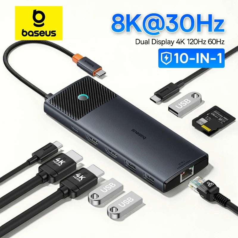 Baseus 10‑in‑1 USB‑C Hub | Dual HDMI 8K + 4K, USB 3.2 10Gbps, RJ45, SD/TF, PD 100W