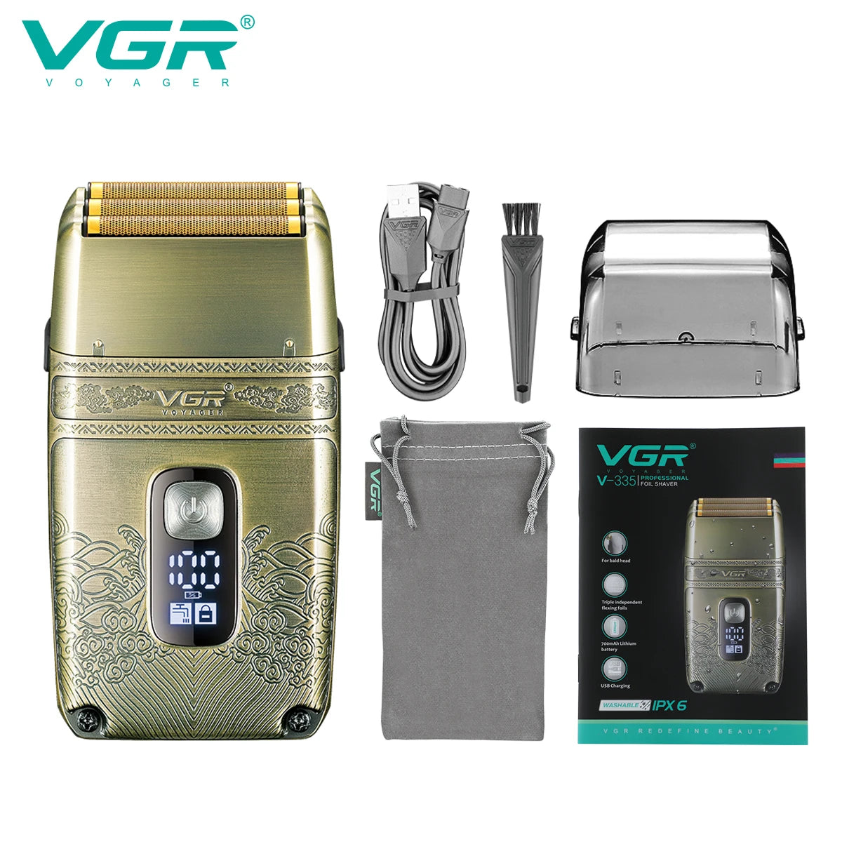 VGR V-335 brivnik s titanovo folijo in strižnik za plešasto glavo s kovinskim ohišjem