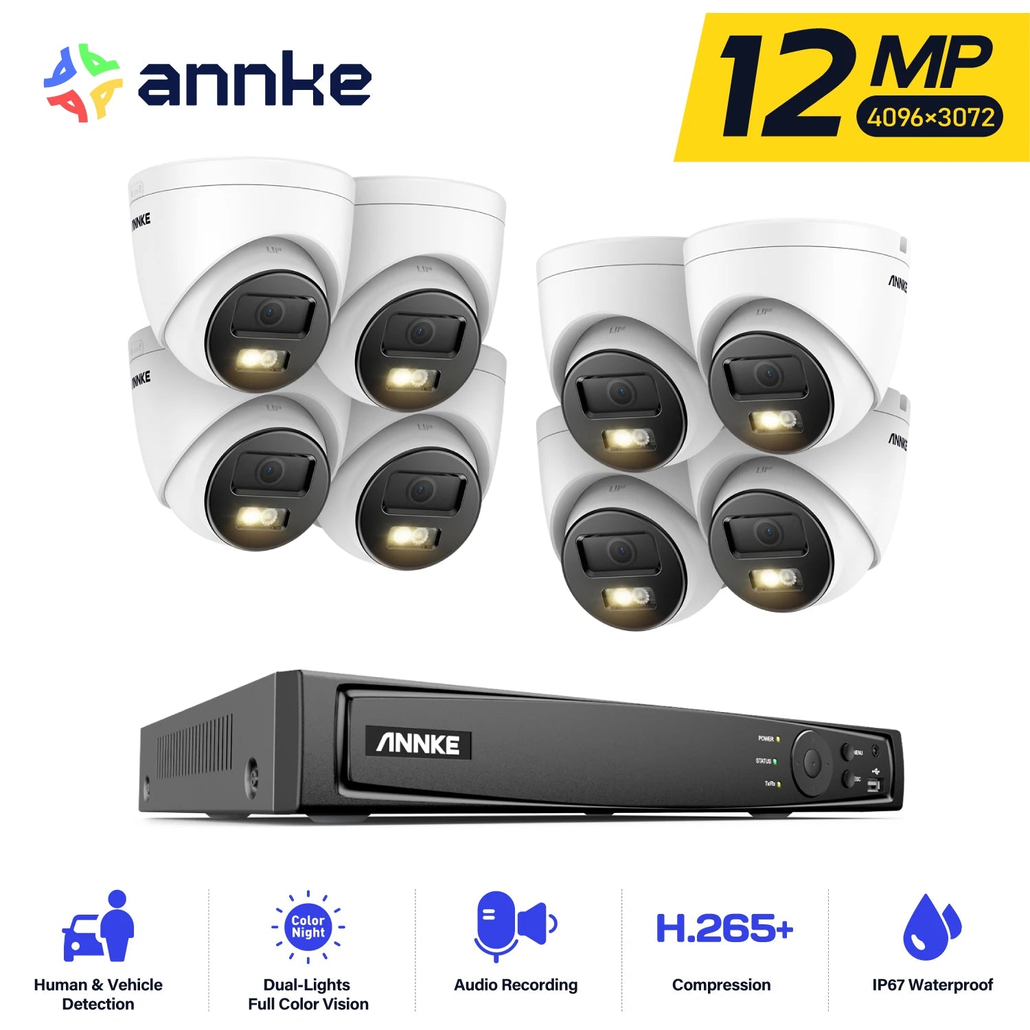 ANNKE 12MP PoE CCTV System | 8CH H.265+ NVR, 4/8× 12MP Cameras, Audio Recording