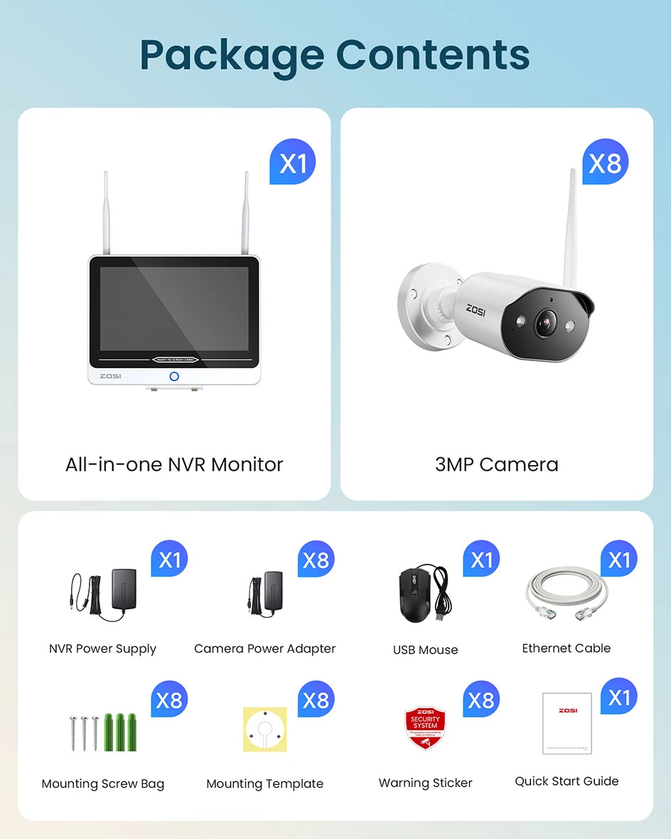 Varnostni kamerov sistem ZOSI 2K Wi-Fi 6 8-kanalni – 12'' LCD-zaslon, 3MP notranje/zunanje vtične WiFi kamere
