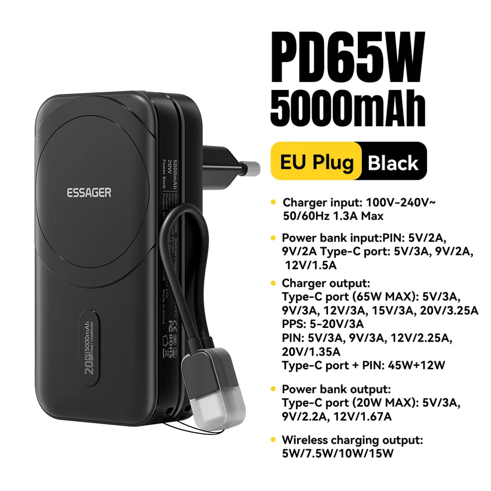 ESSAGER 3-v-1 magnetna 65W GaN polnilna baterija 5000 mAh