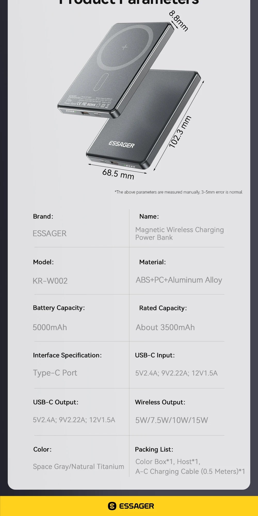ESSAGER tanka magnetna brezžična prenosna baterija 20W 5000mAh MagSafe