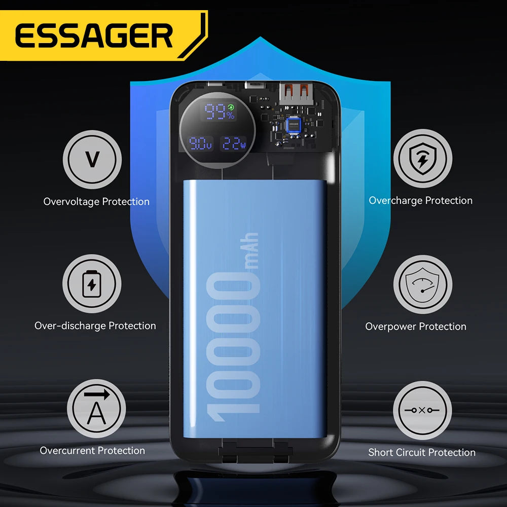 ESSAGER 22.5W prenosna baterija 20000 mAh z dvema vgrajenima kabloma
