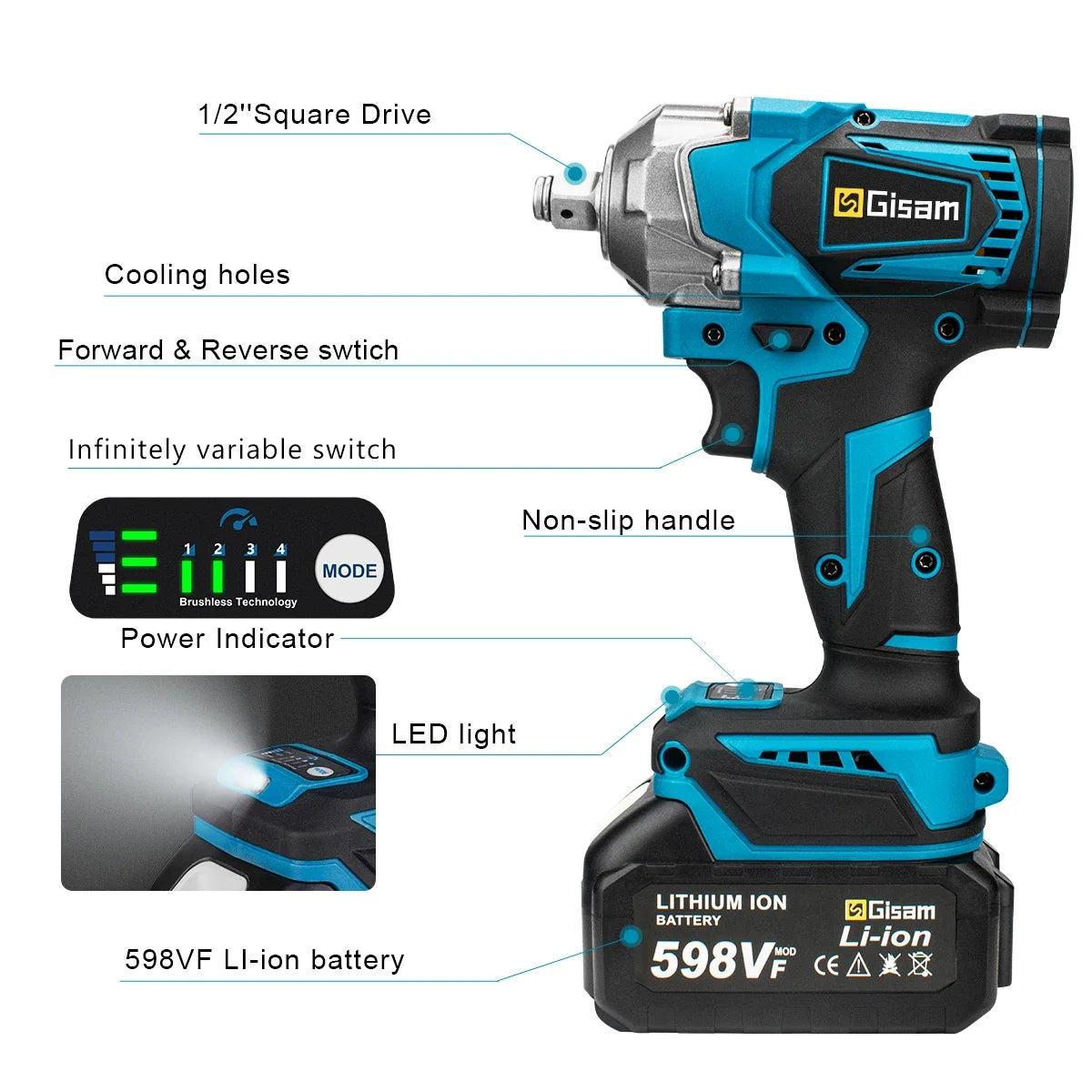 Gisam 1200Nm brezkrtačni udarni vijačnik 1/2" za Makita 18V