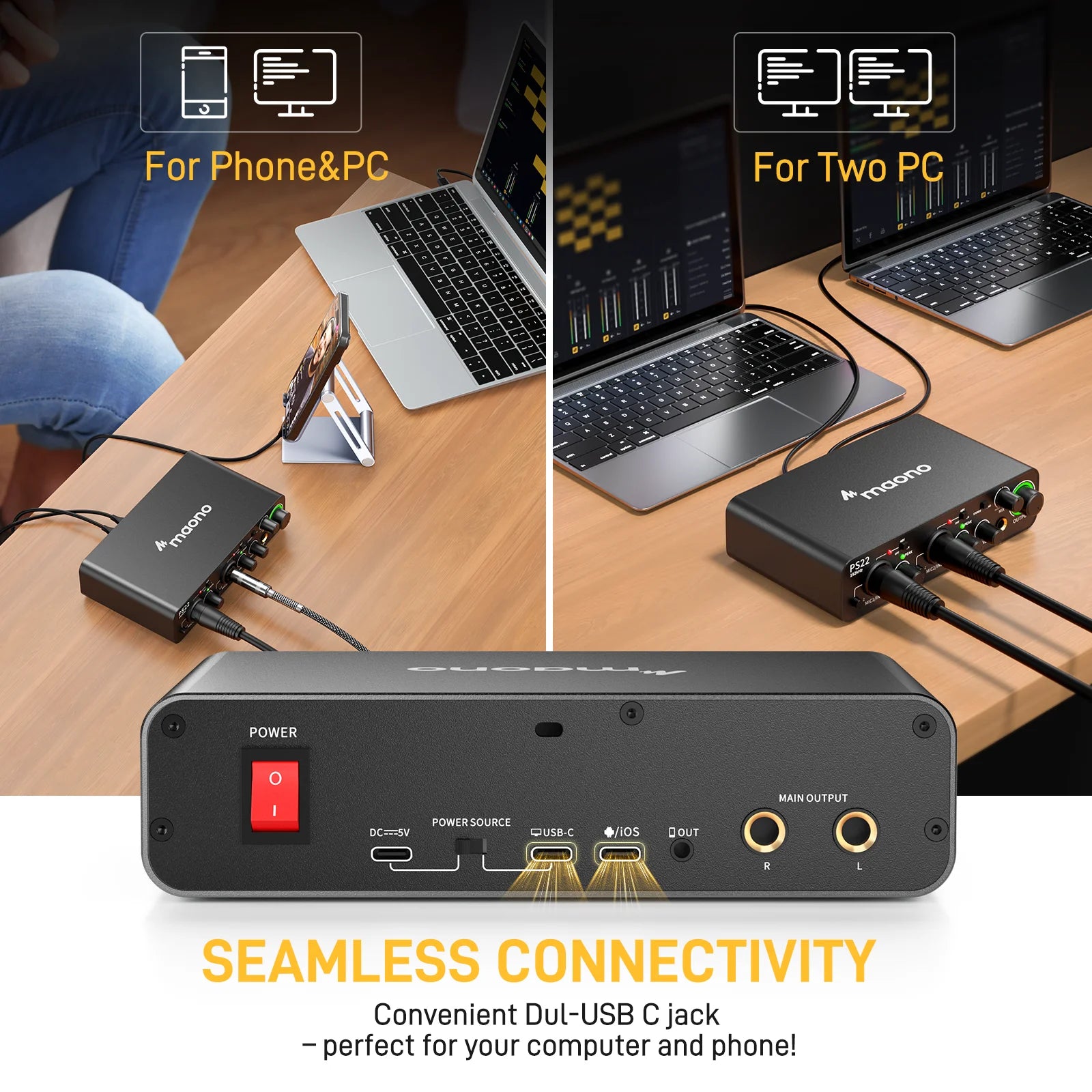 Maono PS22 – USB Audio Interface 24‑bit/192 kHz | 60 dB Pro Preamp, Dual USB, Low‑Noise Recording for Home Studio, Podcast & Streaming