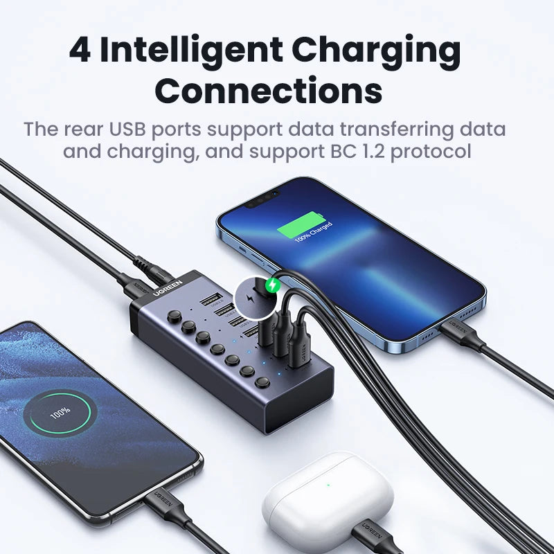 UGREEN 7‑Port USB 3.0 Hub with Individual Power Switches, 5Gbps High‑Speed Data