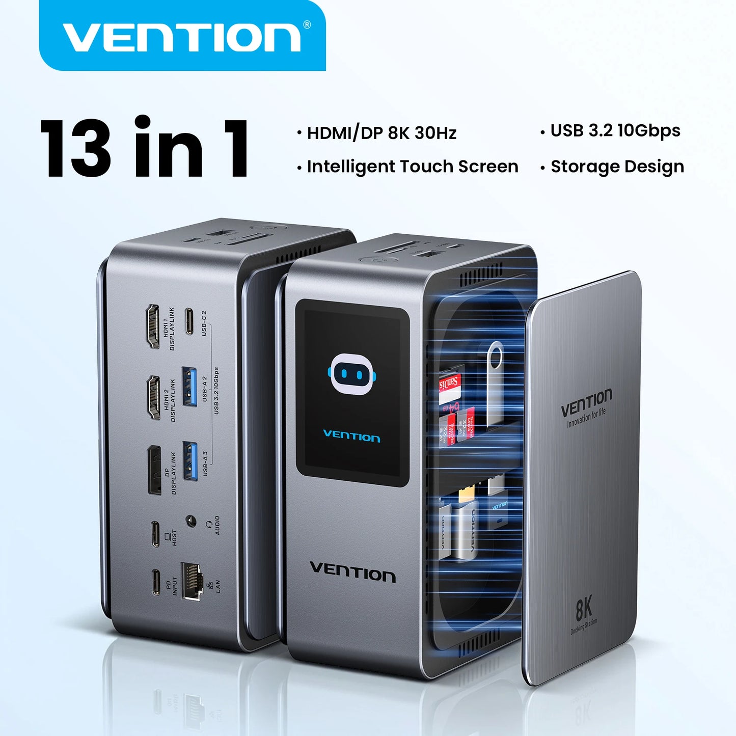 Vention USB‑C 13‑v‑1 Dock | 8K30Hz, MST, Smart Screen, USB 3.2 10Gbps, RJ45 za MacBook in Windows