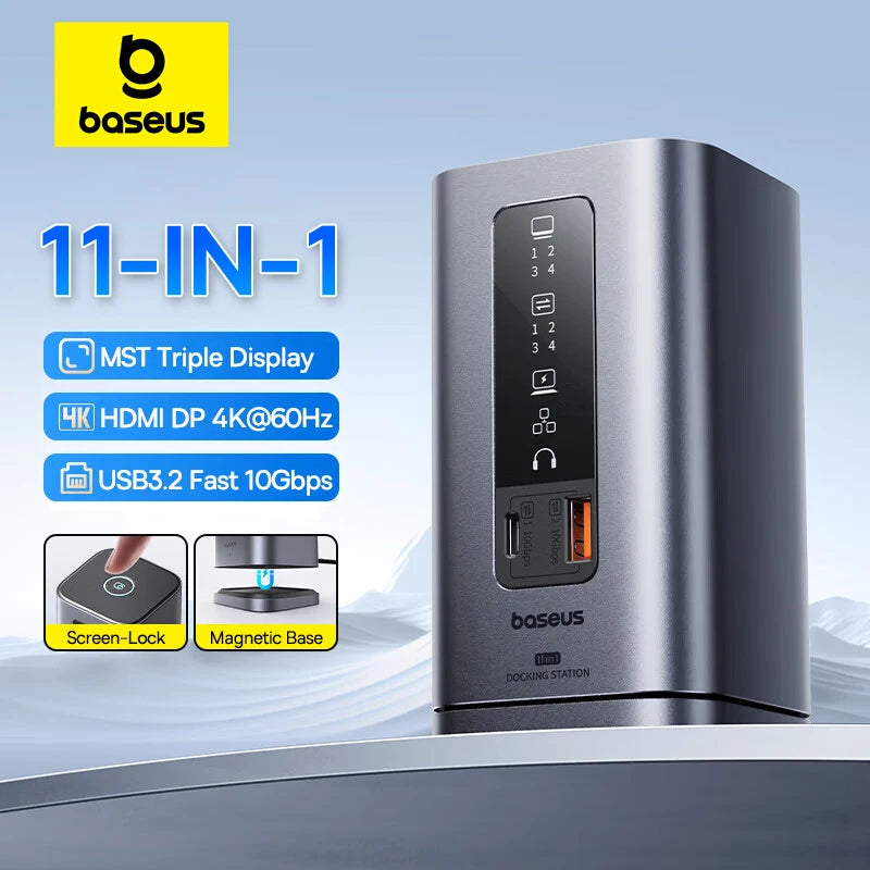 Baseus 11‑v‑1 zvezdišče USB‑C | HDMI + DP 4K@60Hz MST trojni zaslon, USB 3.2, RJ45, PD100W, magnetna priklopna postaja