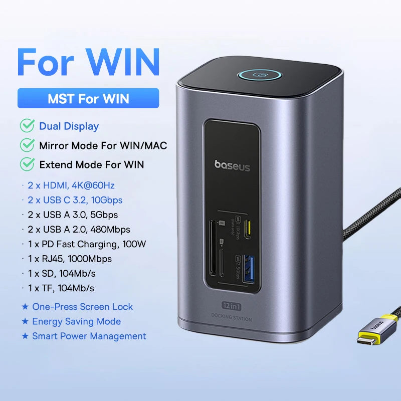 Bazna postaja Baseus 12-v-1 USB-C HUB | DisplayPort + HDMI 4K@60Hz MST, USB 3.2, RJ45, PD 100W