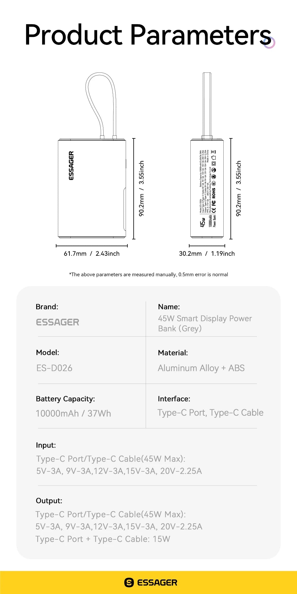 ESSAGER 45W Power Bank 10000 mAh z vgrajenim kablom USB-C