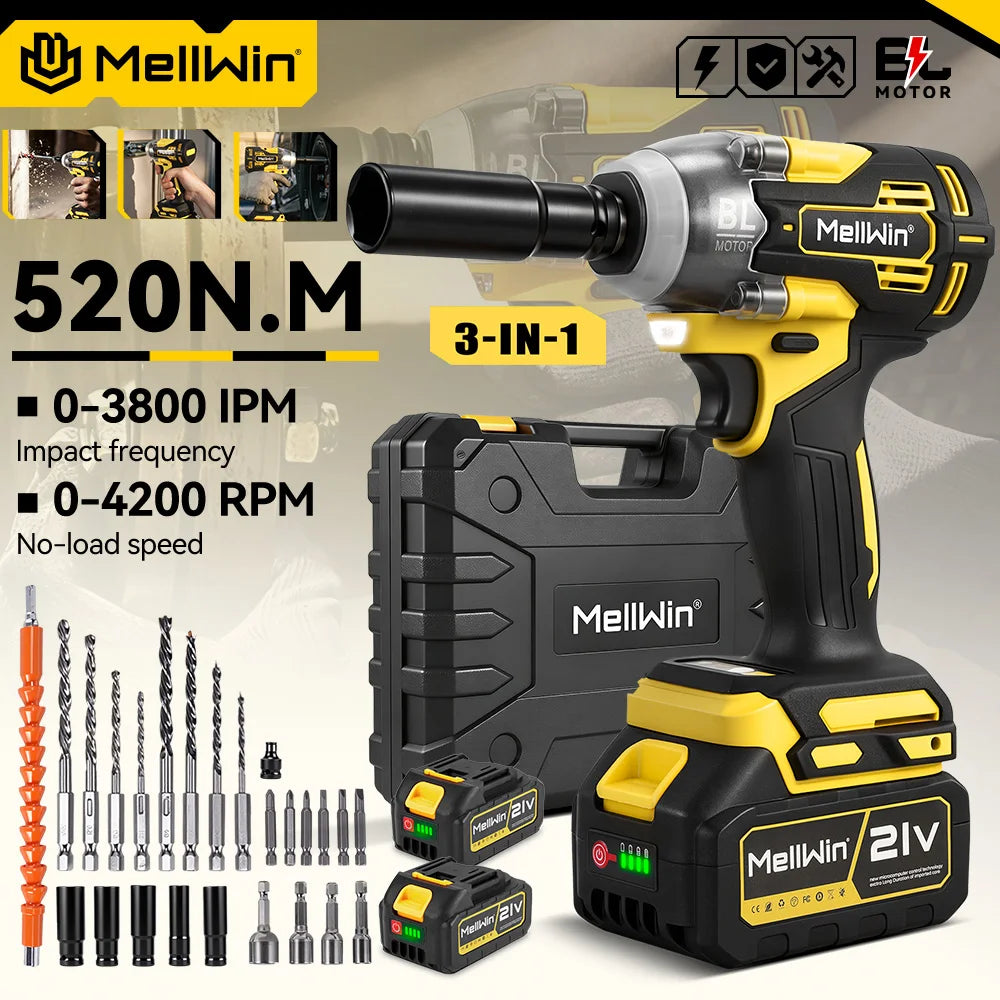 MELLWIN Brushless 520N·m Multi Electric Impact Wrench Set 3IN1 Electric Drill Screwdrive Repair Tool For Makita 18V Battery Pin - Limetastore