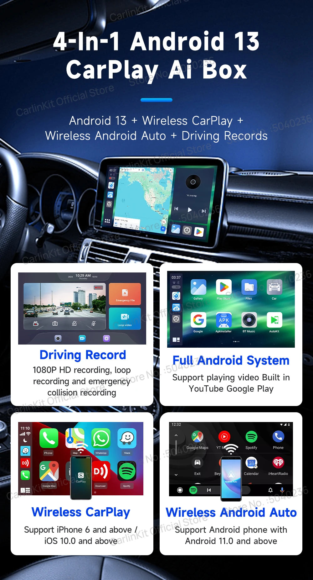 CarlinKit Android 13 8-jedrni 8+128 GB brezžični CarPlay AI Box