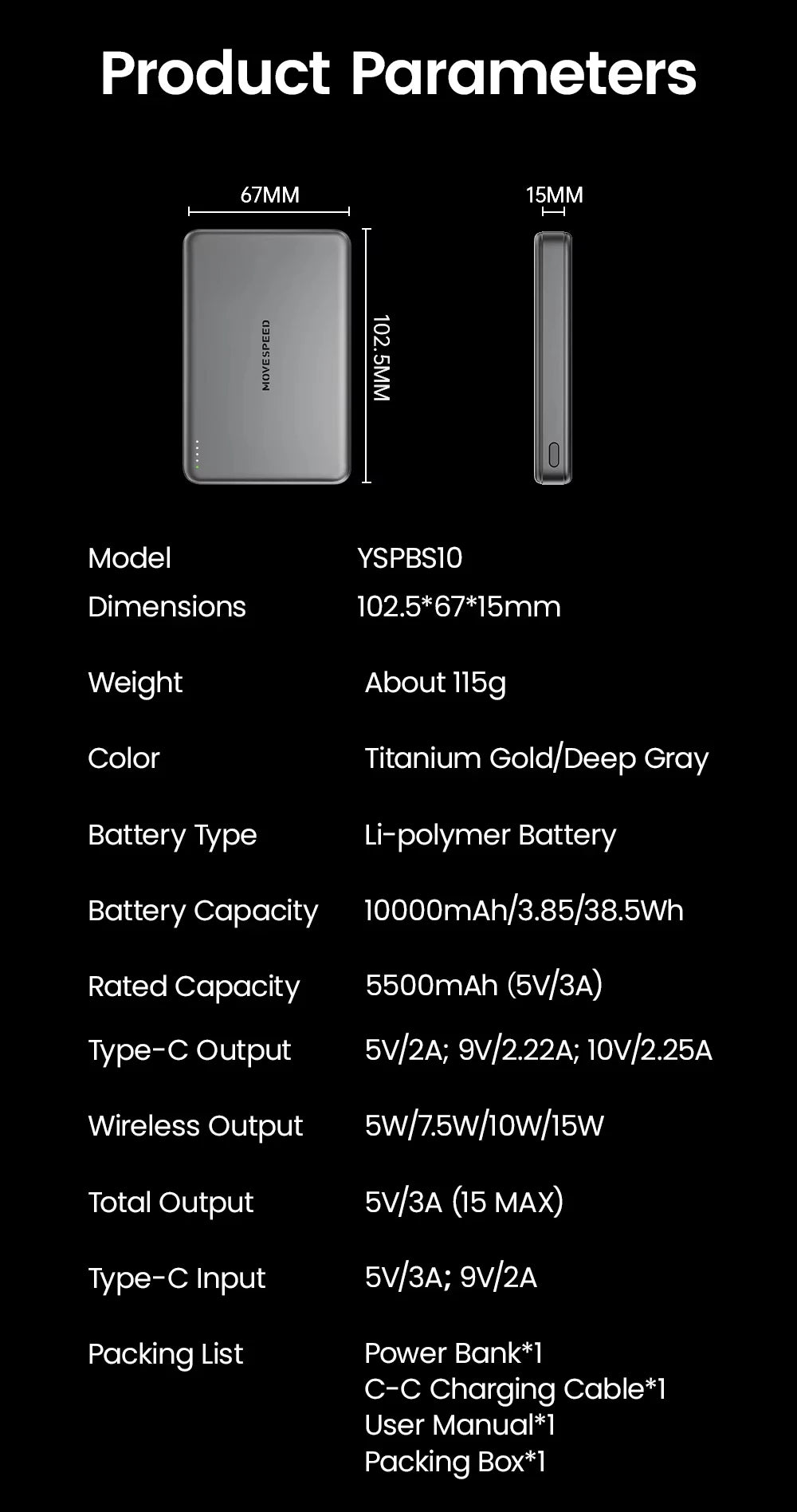 MOVESPEED S10 tanek magnetni prenosni polnilec 10000mAh PD20W MagSafe