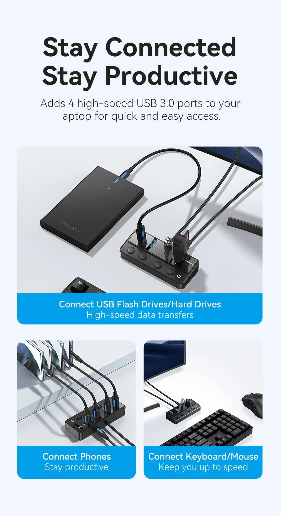 Vention USB 3.0 HUB s posameznimi stikali | 5Gbps visokohitrostni podaljšek USB-A vrat