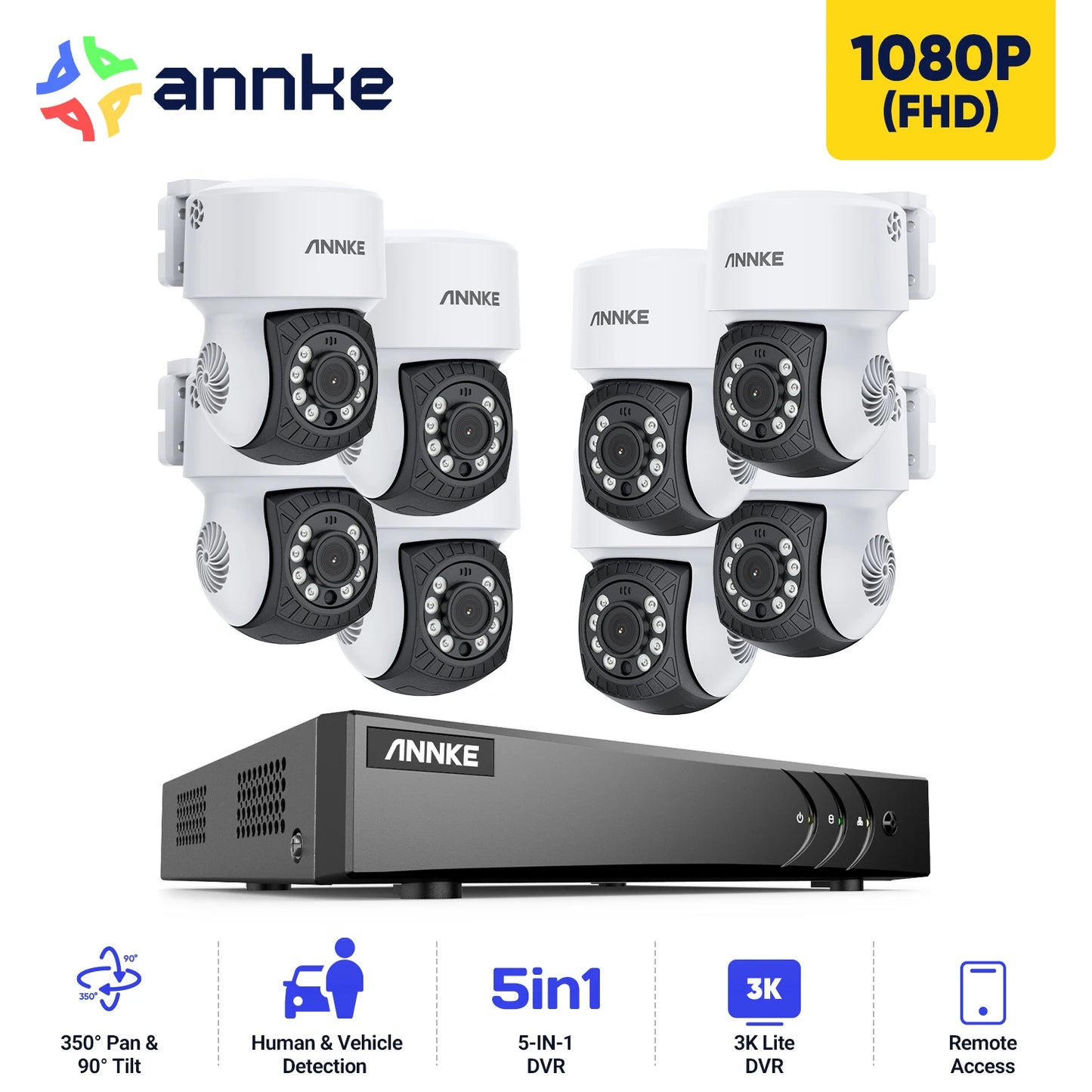 ANNKE 1080P CCTV sistem | 8-kanalni 5MP DVR, 8× IP65 kupolaste kamere, zaznavanje ljudi