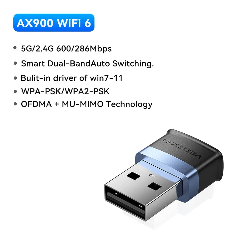 Vention WiFi 6 AX900 USB adapter | Dvopasovni 2,4/5 GHz brezžični ključek za osebni računalnik in prenosnik z operacijskim sistemom Windows