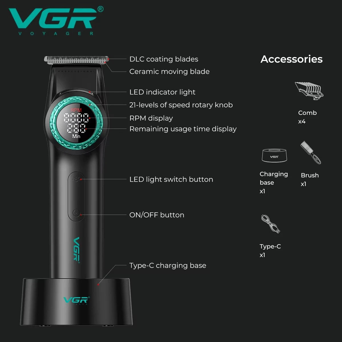 Profesionalni strižnik las VGR V-977 – motor BLDC, 8.000 vrt./min, 5 ur delovanja