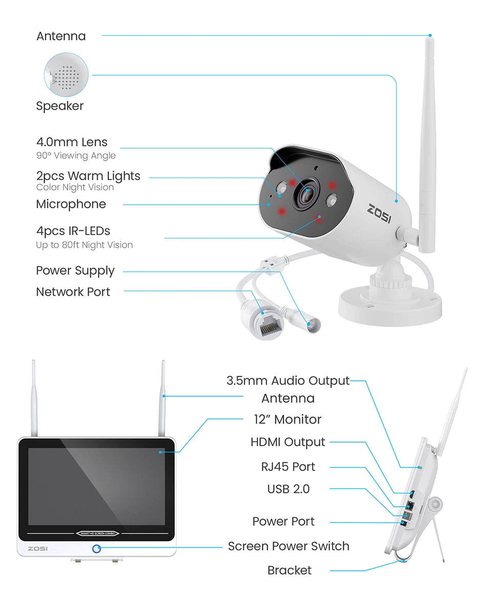 Varnostni kamerov sistem ZOSI 2K Wi-Fi 6 8-kanalni – 12'' LCD-zaslon, 3MP notranje/zunanje vtične WiFi kamere