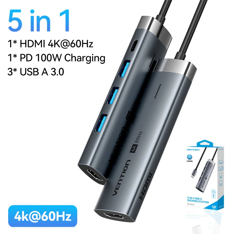 Vention 5-v-1 USB-C Hub | 4K60Hz HDMI, USB 3.0, PD100W Večportni priklop za MacBook & Android