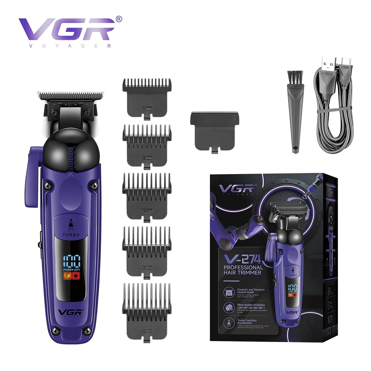VGR V-274 Professional Hair Trimmer – Turbo Mode, 140-Min Runtime, 9 Angles