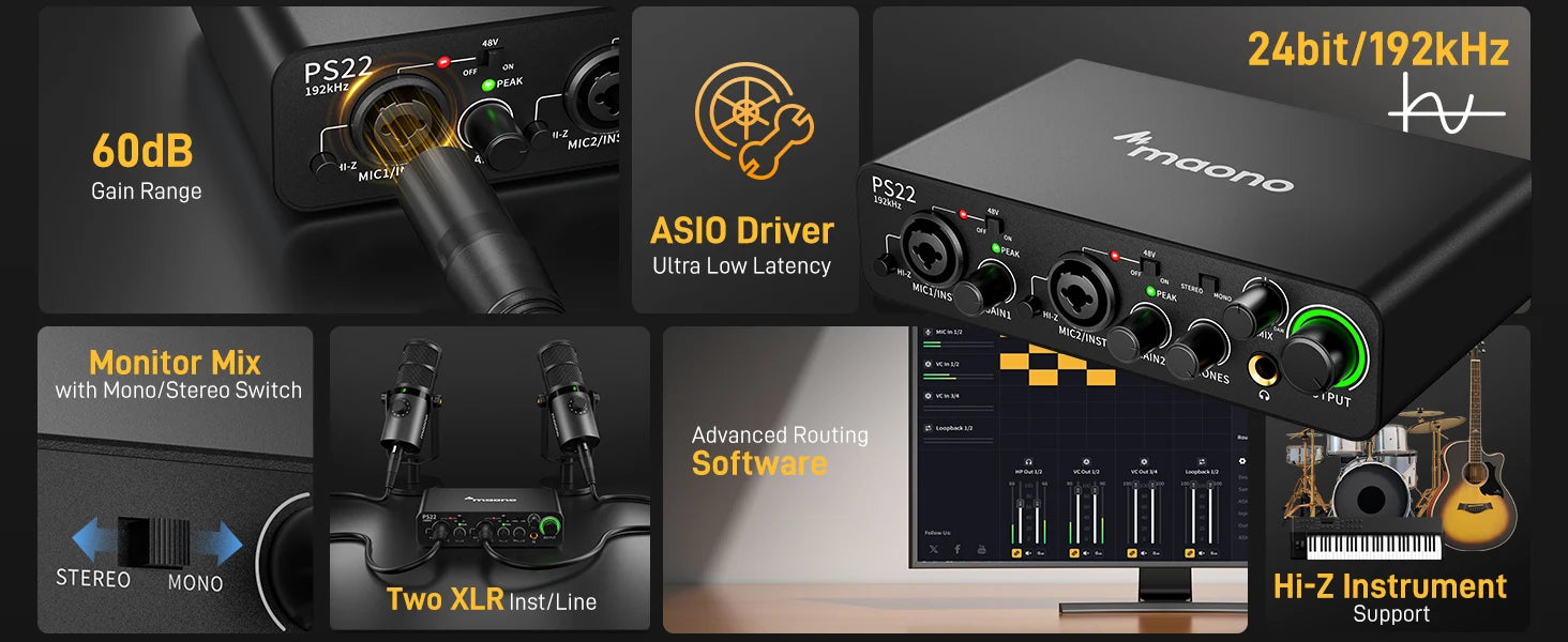 Maono PS22 – USB Audio Interface 24‑bit/192 kHz | 60 dB Pro Preamp, Dual USB, Low‑Noise Recording for Home Studio, Podcast & Streaming