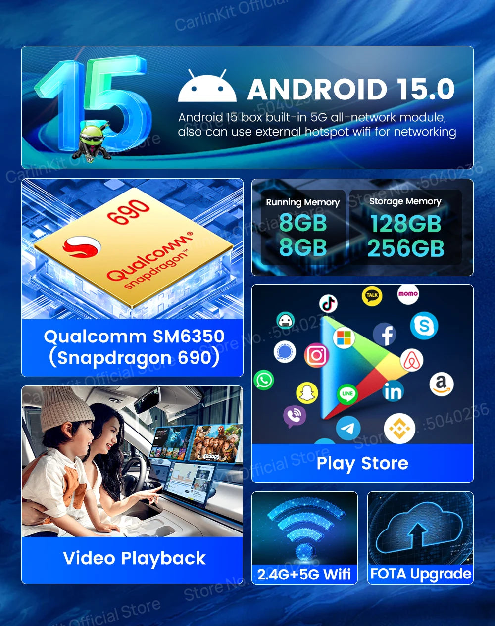 Brezžični CarPlay AI Box CarlinKit Android 15 SM6350 8+128 GB