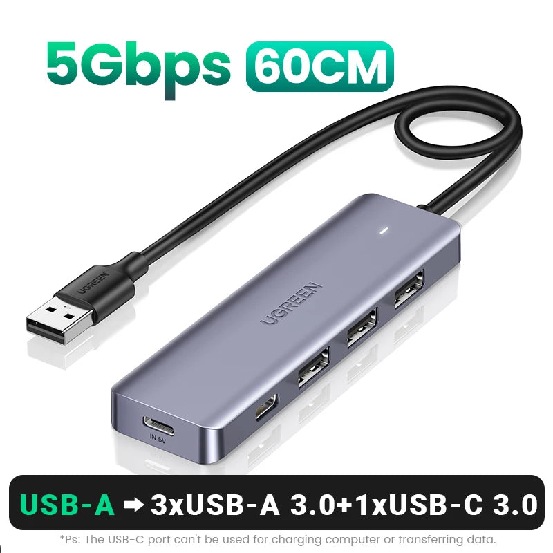 UGREEN USB‑C v USB 3.0 zvezdišče | 4-vratni visokohitrostni razdelilnik za MacBook, iPad in Samsung