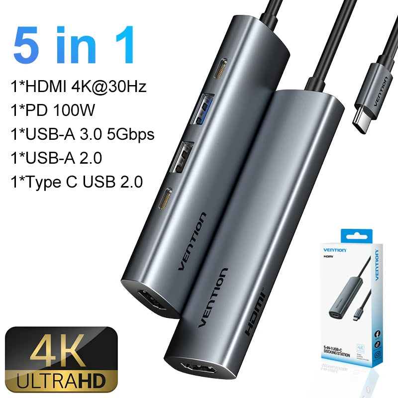 Vention 5-v-1 USB-C Hub | 4K60Hz HDMI, USB 3.0, PD100W Večportni priklop za MacBook & Android