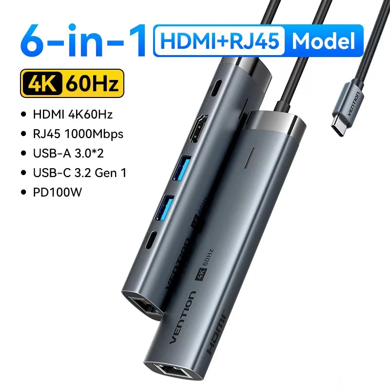 Vention zvezdišče USB‑C 6‑v‑1 | HDMI 4K, PD 100W, RJ45, priklopna postaja USB 3.0