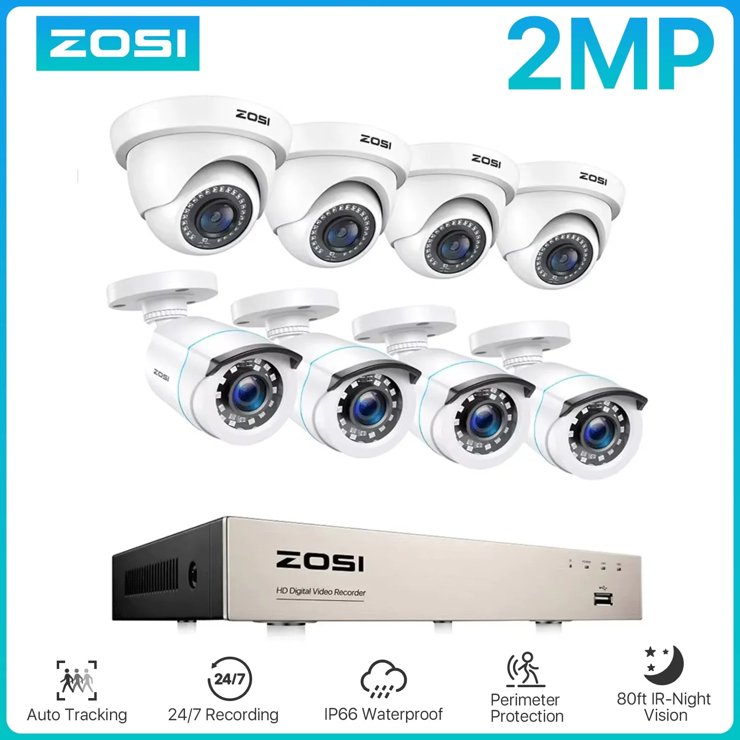 ZOSI 8CH 1080p Wired Security Camera System – H.265+ DVR Recorder with 8× 2MP Outdoor HD‑TVI CCTV Cameras