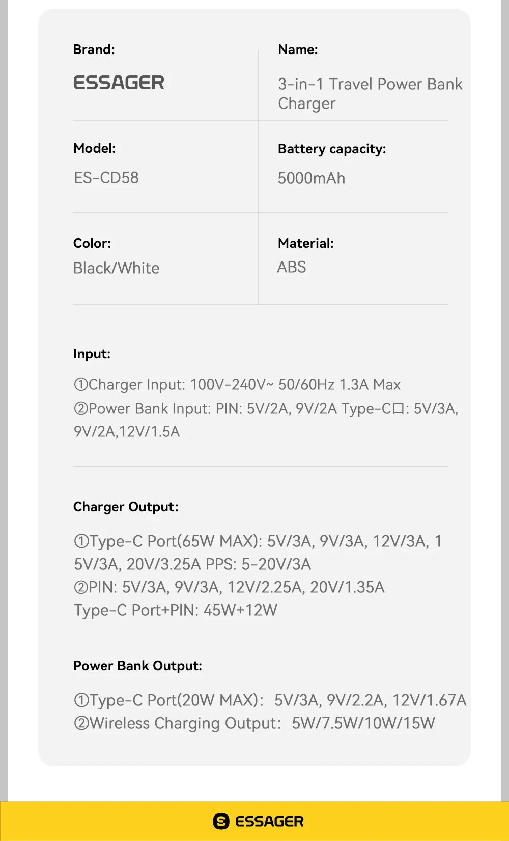 ESSAGER 3-v-1 magnetna 65W GaN polnilna baterija 5000 mAh