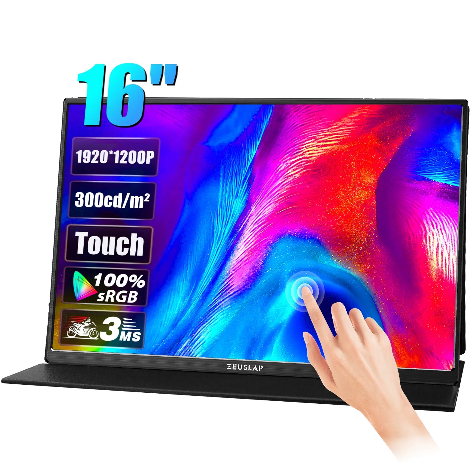 ZEUSLAP 16-palčni prenosni zaslon na dotik | 1200P IPS, 100 % sRGB, USB‑C in HDMI
