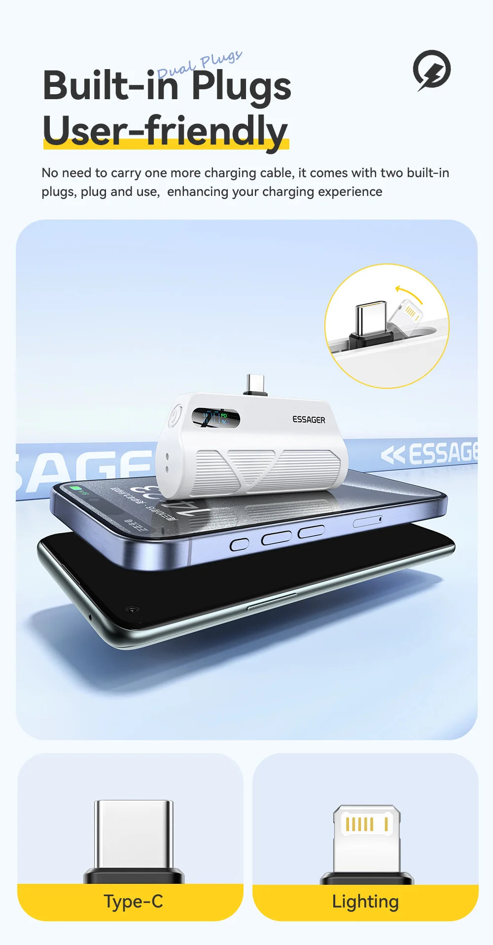 ESSAGER Mini kapsula prenosna baterija 5000 mAh 20 W PD hitro polnjenje